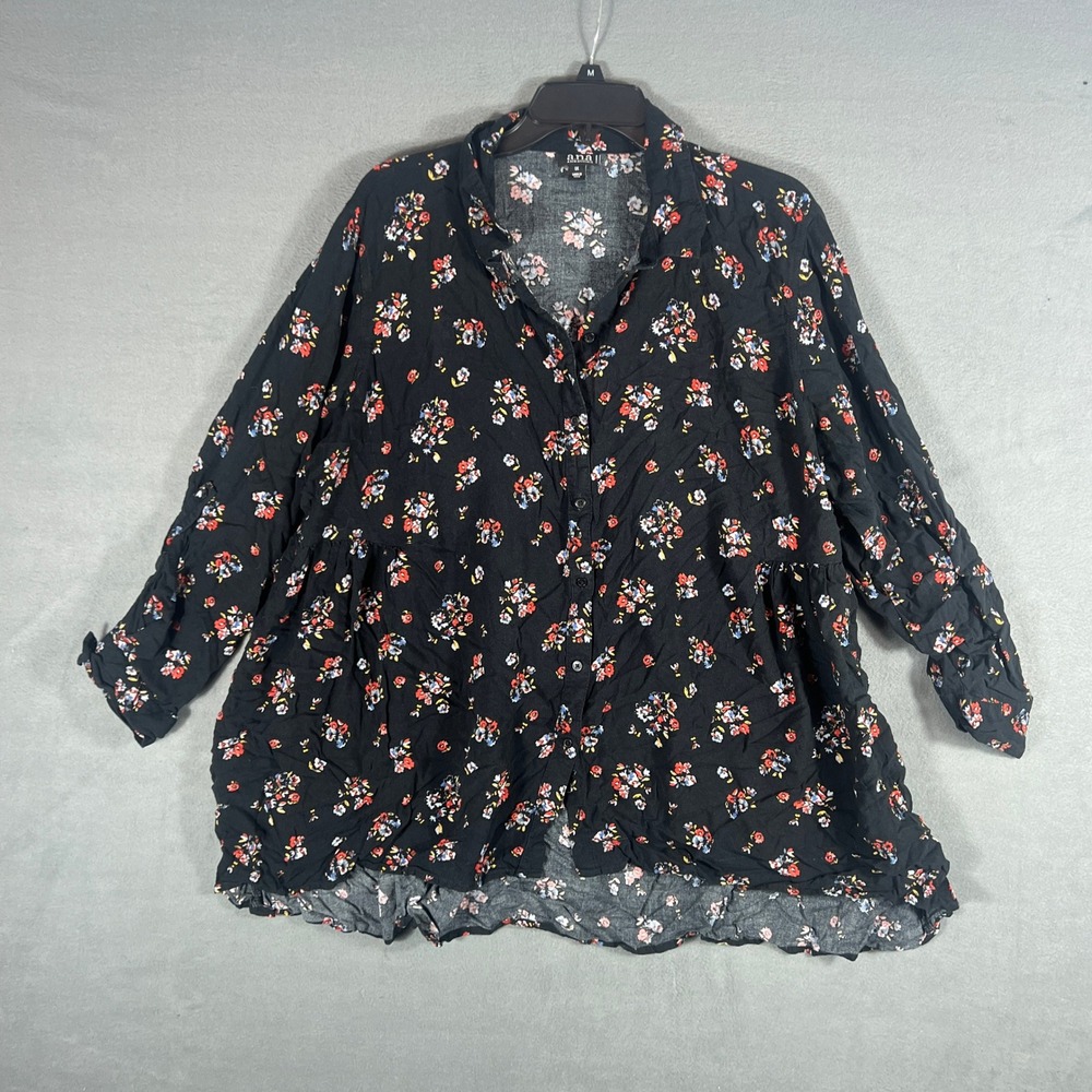 ana A New Approach Womens Blouse 1X Floral Babydoll Peplum Shirt Long Sleeve